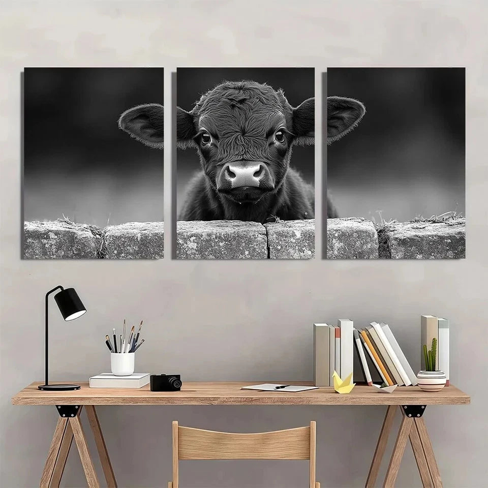 3pcs Rustic Black White Land Cow Calf Metal Print Ready to Hang Art