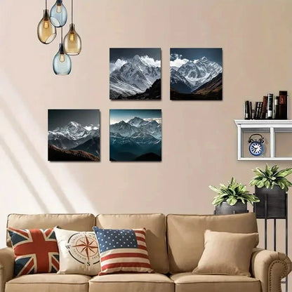 4pcs Black And White Snow Capped Mountain Wall Art Canvas Framed