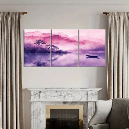 3pcs Retro Traditional Chinese Landscape Boat Metal Print Ready to Hang Art