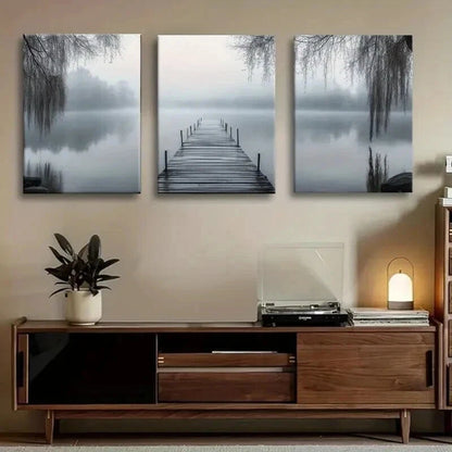 3pcs Misty Lake Dock Serene Water Willow Perfect Wall Art Set Canvas Framed 40x60cm - High Quality Print 100% Australian Made Wall Canvas Ready to Hang
