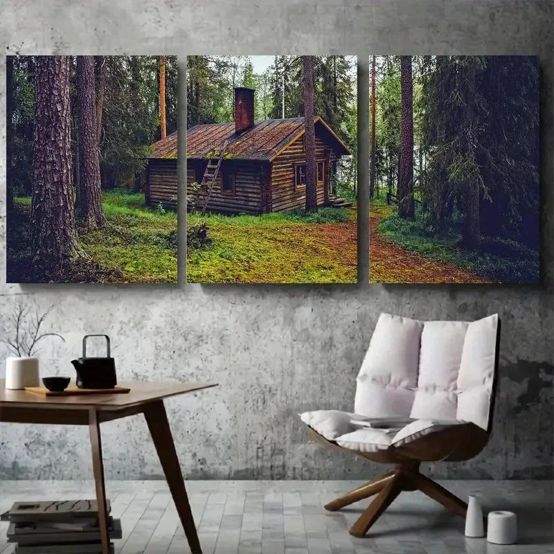 3pcs House Surrounded by Tall Pine Trees Metal Print Ready to Hang Art
