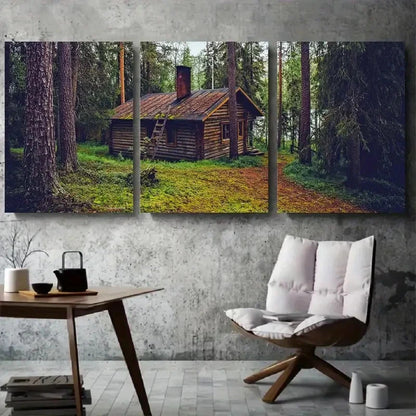 3pcs House Surrounded by Tall Pine Trees Metal Print Ready to Hang Art