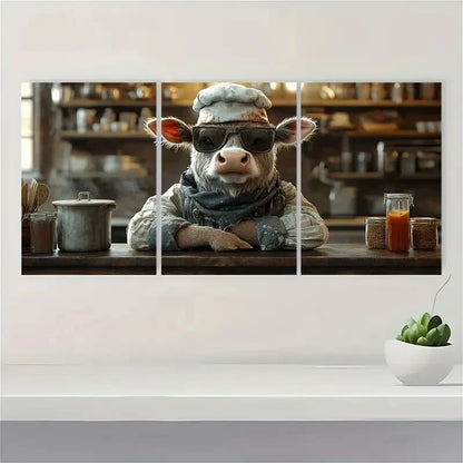 3pcs Whimsical Cow Chef in Kitchen Scene Metal Print Ready to Hang Art