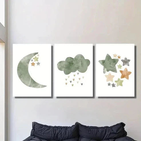 3pcs Light Green Illustration Stars and Moon Wall Art Set Canvas Unframed - High Quality Print 100% Australian Made Wall Canvas