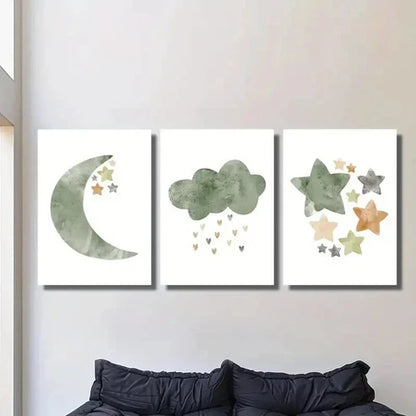 3pcs Light Green Illustration Stars and Moon Wall Art Set Canvas Unframed - High Quality Print 100% Australian Made Wall Canvas