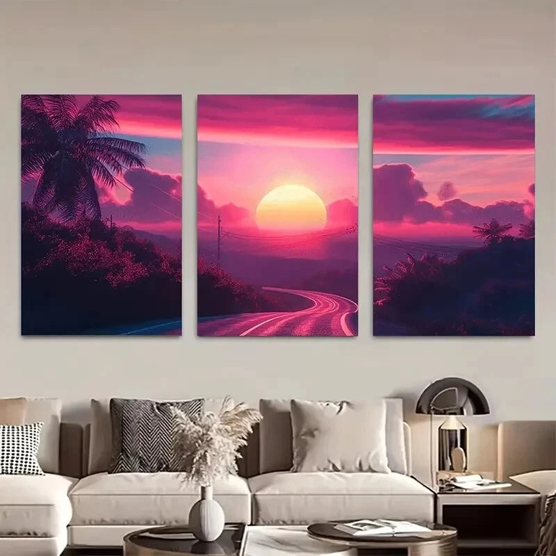 3pcs Vibrant Sunset Road Scene Metal Print Ready to Hang Art
