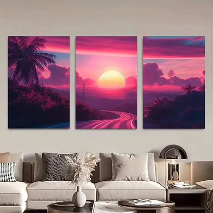 3pcs Vibrant Sunset Road Scene Metal Print Ready to Hang Art