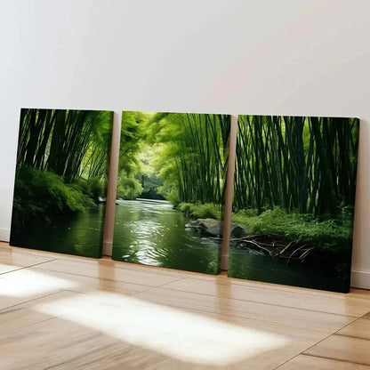 3pcs Green Bamboo Forest and River Wall Art Set Canvas Framed 40x60cm - High Quality Print 100% Australian Made Wall Canvas Ready to Hang