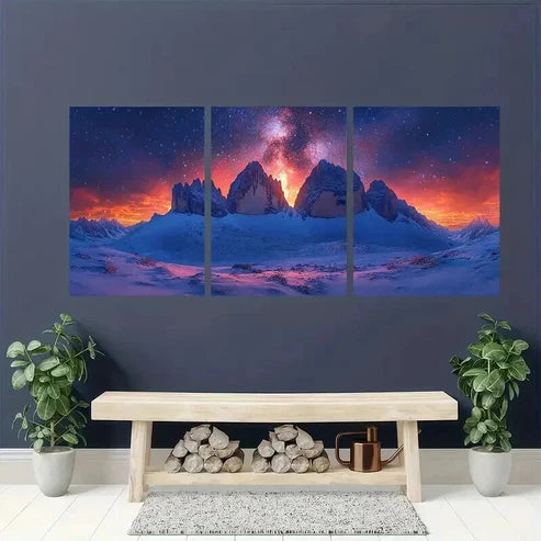 3pcs Starry Sky and Snow Capped Mountains Wall Art Canvas Unframed - High Quality Print 100% Australian Made Wall Canvas