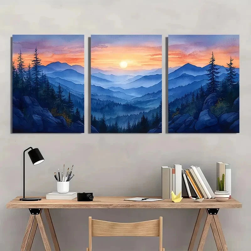 3pcs Blue Ridge Mountains Watercolor Art Print Metal Print Ready to Hang Art