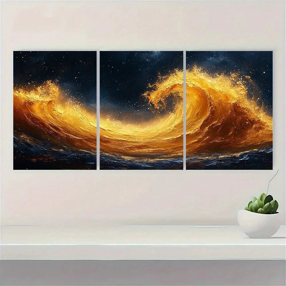 3pcs Modern Abstract Golden Swirl Theme Metal Print Ready to Hang Art