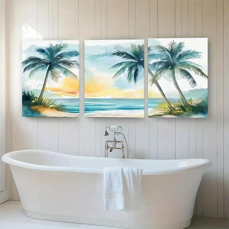 3pcs Tropical Palm Trees Theme Beach Decor Wall Art Set Canvas Framed 40x60cm - High Quality Print 100% Australian Made Wall Canvas Ready to Hang