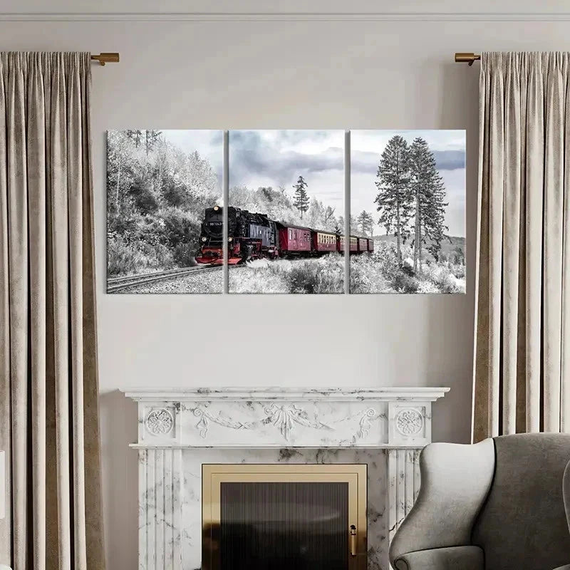 3pcs Winter Nature Snow Scene Steam Train Wall Art Set Canvas Framed 40x60cm - High Quality Print 100% Australian Made Wall Canvas Ready to Hang