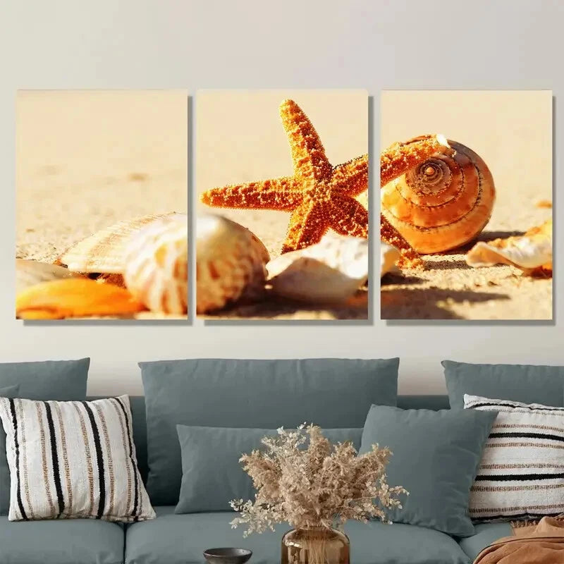 3pcs Beach Seashells & Starfish Triptych Coastal Metal Print Ready to Hang Art