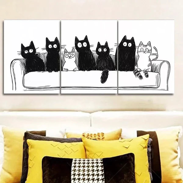 3pcss Cats Sitting on Couch Design Wall Art Set Canvas Framed 60x90cm - High Quality Print 100% Australian Made Wall Canvas Ready to Hang