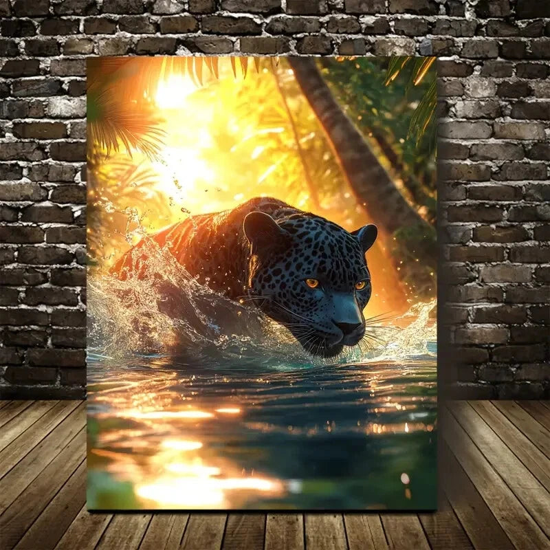 Vibrant Colors Scene of Panther Splashing Painting 40x60cm Metal Print Ready to Hang