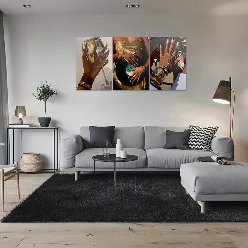 3pcs Golden Elegance Themed Elegant Metal Print Ready to Hang Art