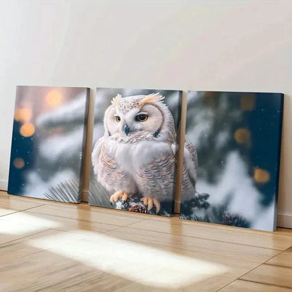 3pcs Snowy Owl in Forest Scene Decor Wall Art Set Canvas Framed 40x60cm - High Quality Print 100% Australian Made Wall Canvas Ready to Hang