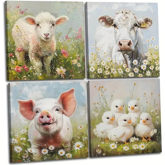 4pcs Cattle,Sheep And Duck With Flowers Picture Wall Art Canvas Framed