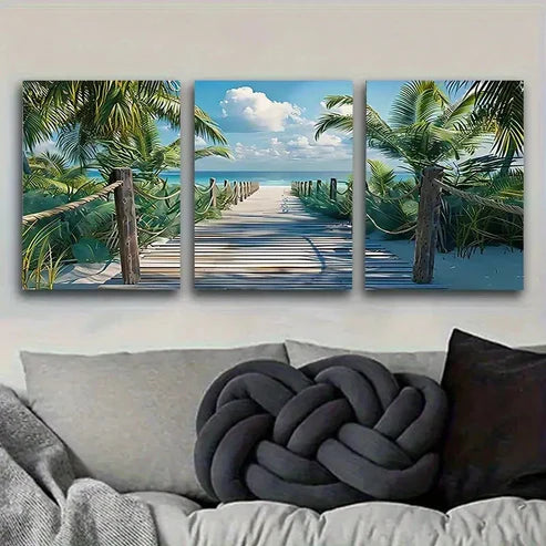 3pcs Tropical Beach Boardwalk Art Vintage Wall Art Set Canvas Unframed - High Quality Print 100% Australian Made Wall Canvas - Bella Home Decor