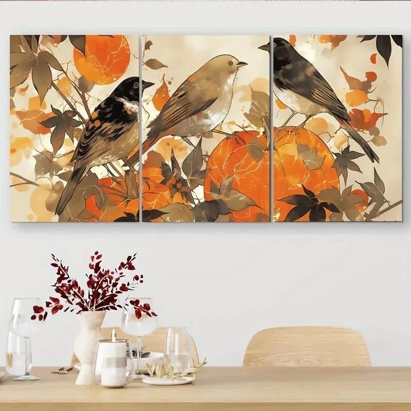 3pcs Birds and Autumn Leaves Elegant Perfect Wall Art Set Canvas Framed 40x60cm - High Quality Print 100% Australian Made Wall Canvas Ready to Hang