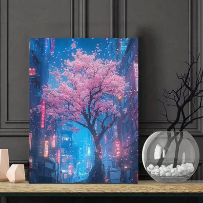 Cyberpunk Neon Cherry Blossom Vibrant Urban Night  40x60cm Metal Print Ready to Hang