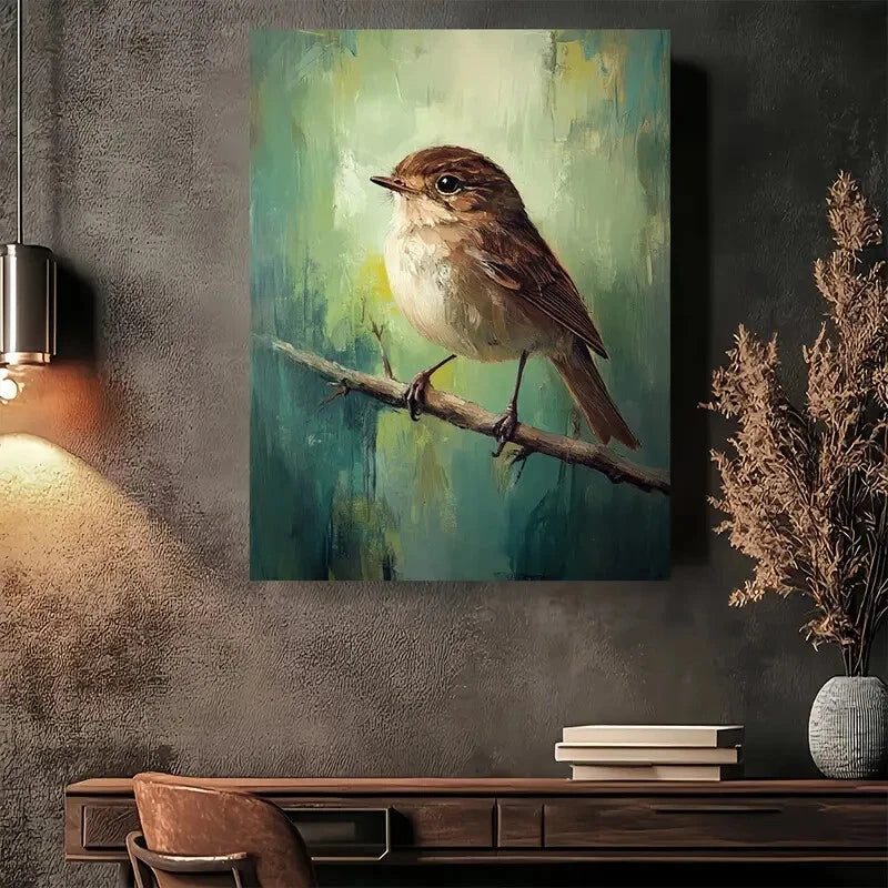 Beautiful Nature Serenity Bird On Branch Painting 40x60cm Metal Print Ready to Hang
