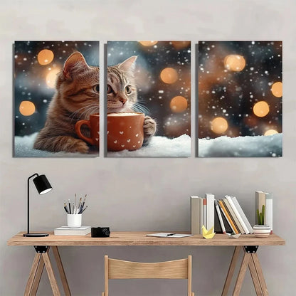 3pcs Snowy Nature Orange Cat Cup Metal Print Ready to Hang Art