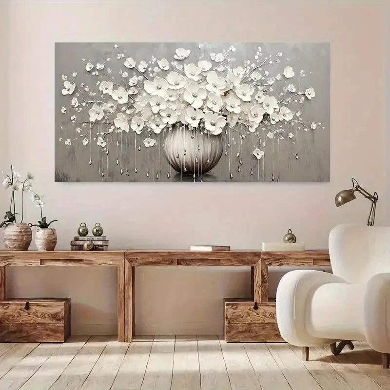 Elegant White Flower Vase wall canvas office home room framed 120x60cm