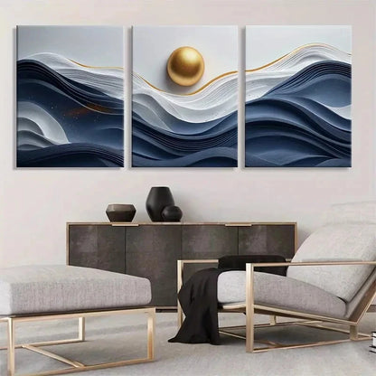 3pcs Blue and Golden Tones Waves Metal Print Ready to Hang Art