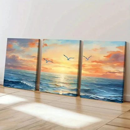 3pcs Ocean Landscape Sunset Waves & Seagulls Wall Art Set Canvas Framed 40x60cm - High Quality Print 100% Australian Made Wall Canvas Ready to Hang