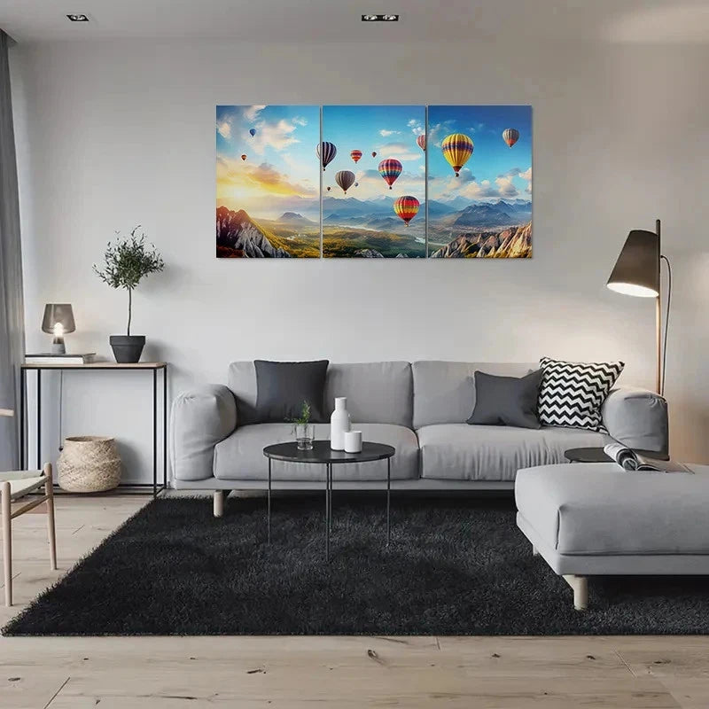 3pcs Colorful Hot Air Balloons Over Mountains Metal Print Ready to Hang Art
