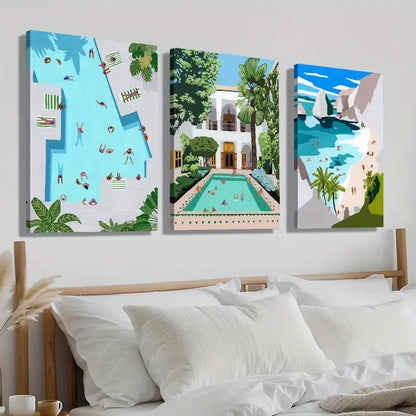 3pcs Vibrant Moroccan Swimming Pool Perfect Wall Art Set Canvas Framed 40x60cm - High Quality Print 100% Australian Made Wall Canvas Ready to Hang