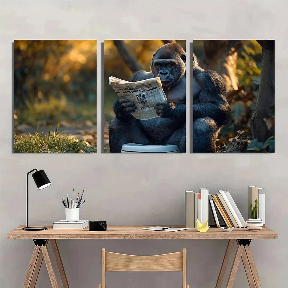 3pcs Funny Gorilla Reading Newspaper Classic Metal Print Ready to Hang Art