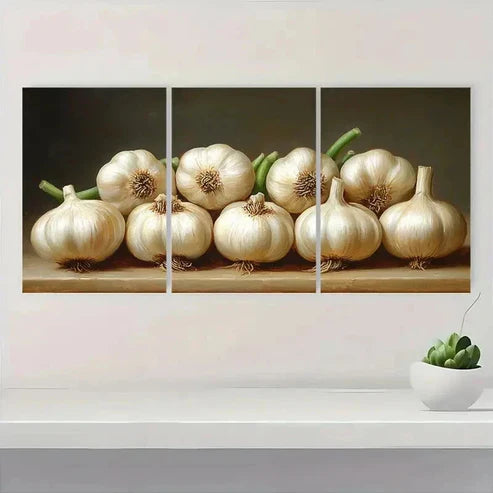 3pcs Realistic White Garlic & Green Wall Art Set Canvas Unframed – High Quality Print, 100% Australian Made Wall Canvas