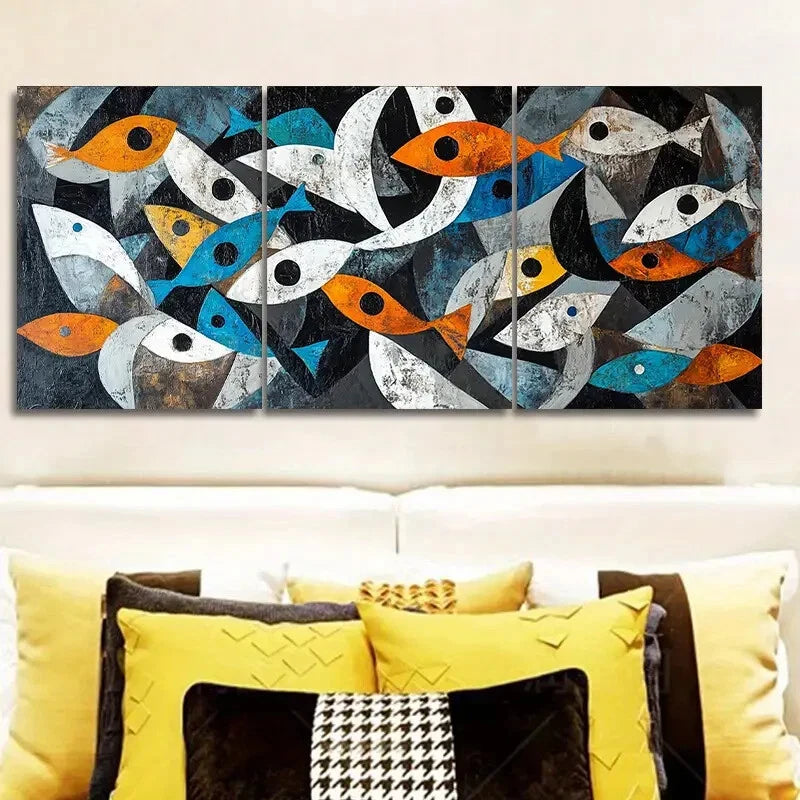 3pcs Blue White & Orange Geometric Patterns Metal Print Ready to Hang Art