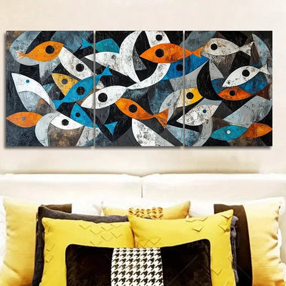 3pcs Blue White & Orange Geometric Patterns Metal Print Ready to Hang Art
