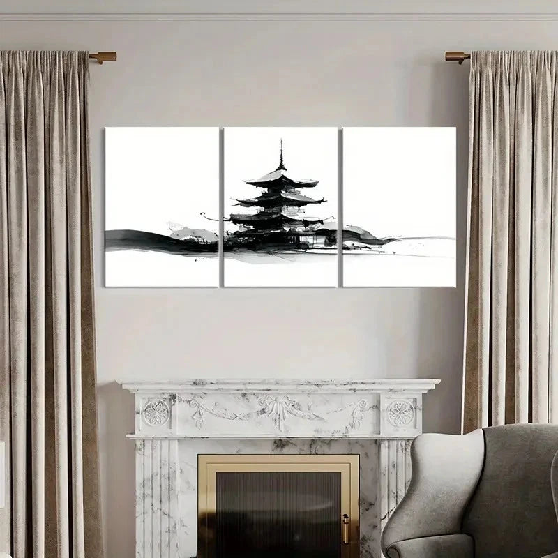 3pcs Black & White Abstract Pagoda Ink Painting Wall Art Set Canvas Framed 50x70cm - High Quality Print 100% Australian Made Wall Canvas Ready to Hang