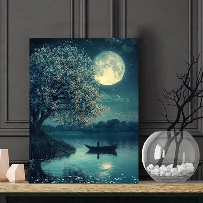 Moonlit Water Serene Vintage Style Painting 40x60cm Metal Print Ready to Hang