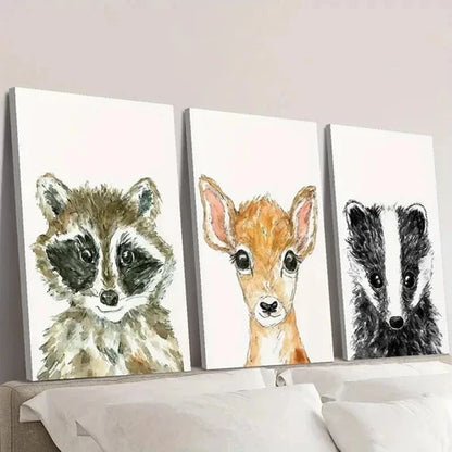 3pcs Baby Raccoon Cute Deer and Badger Wall Art Set Canvas Unframed - High Quality Print 100% Australian Made Wall Canvas