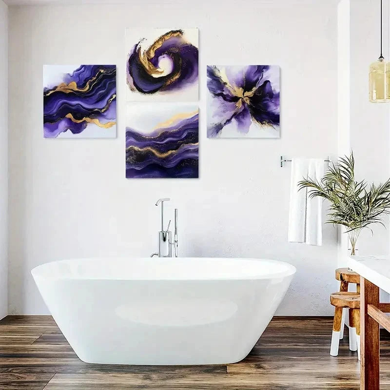 4pcs Purple & Golden Abstract Canvas Wall Art Canvas Framed