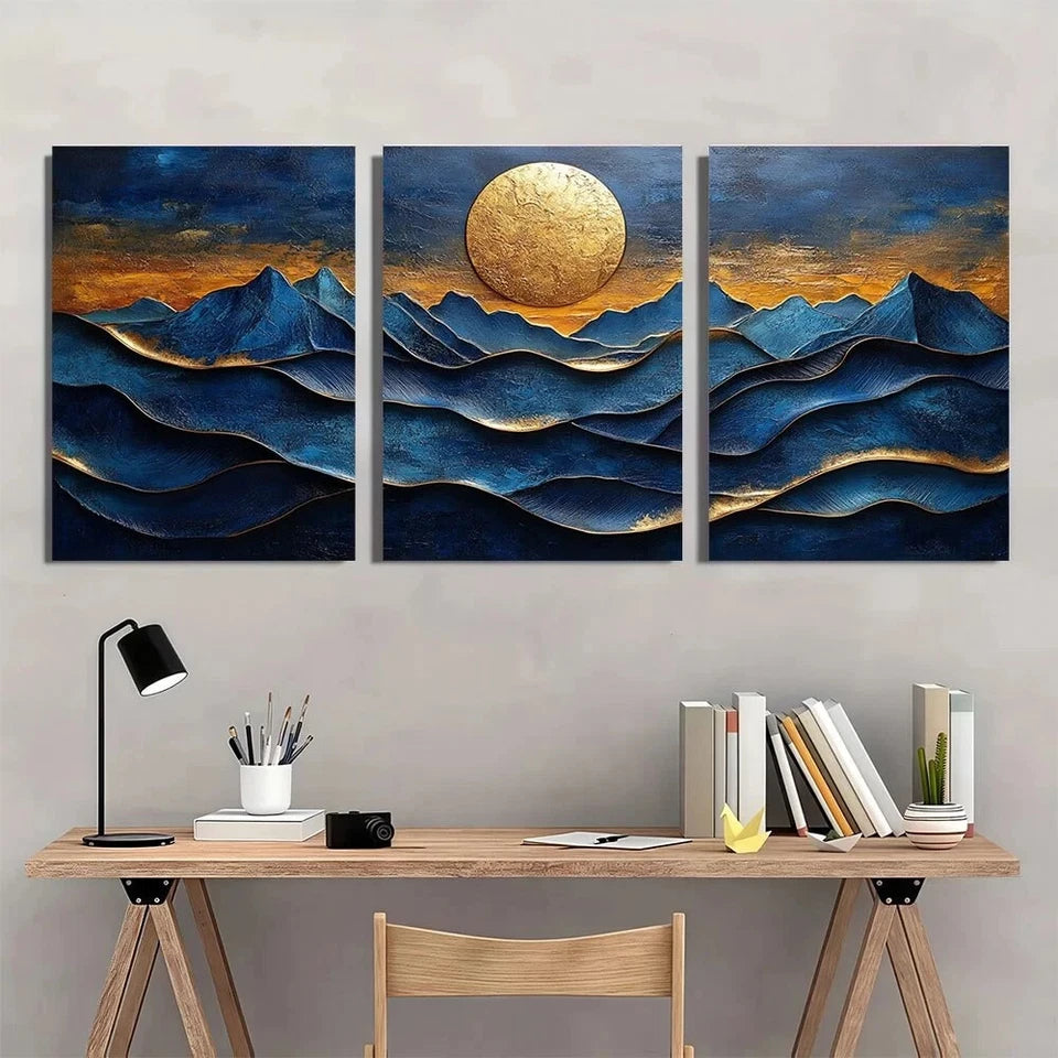 3pcs Nordic Style Oil Painting Golden Foil Waves Metal Print Ready to Hang Art