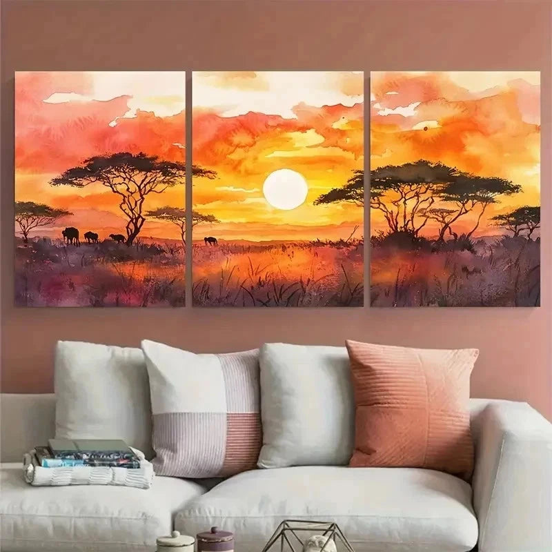 3pcs African Sunset African Scenic Perfect Wall Art Set Canvas Framed 50x70cm - High Quality Print 100% Australian Made Wall Canvas Ready to Hang