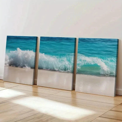 3pcs Ocean Wave Turquoise Water Sandy Beach Wall Art Set Canvas Framed 40x60cm - High Quality Print 100% Australian Made Wall Canvas Ready to Hang