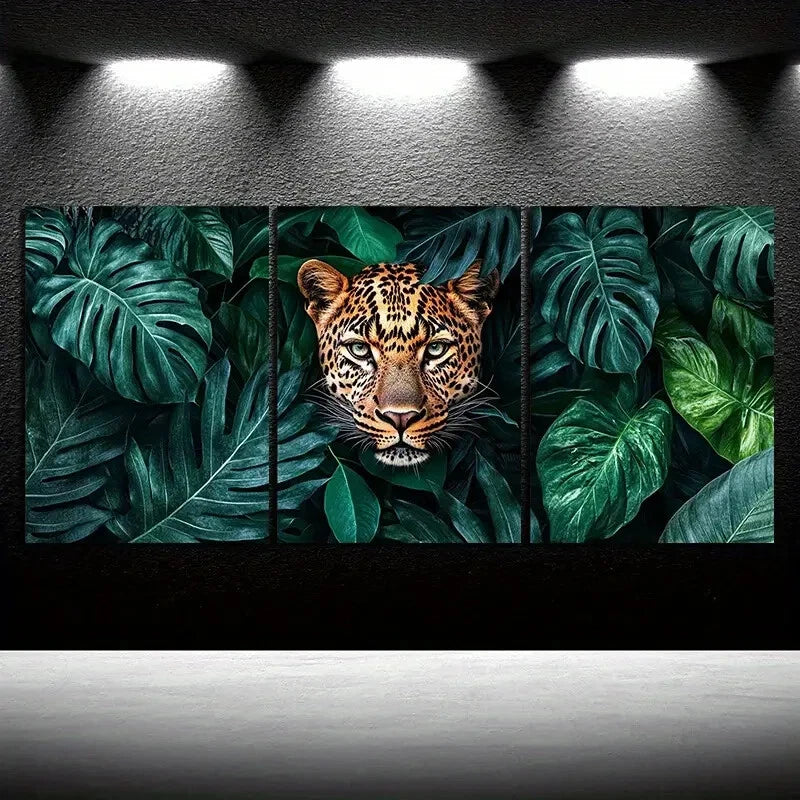 3pcs Leopard Lush Green Leaves Animal Themed Metal Print Ready to Hang Art