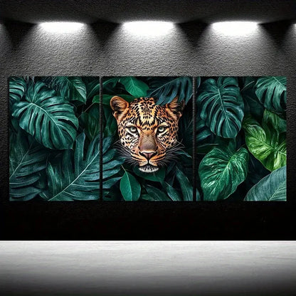 3pcs Leopard Lush Green Leaves Animal Themed Metal Print Ready to Hang Art