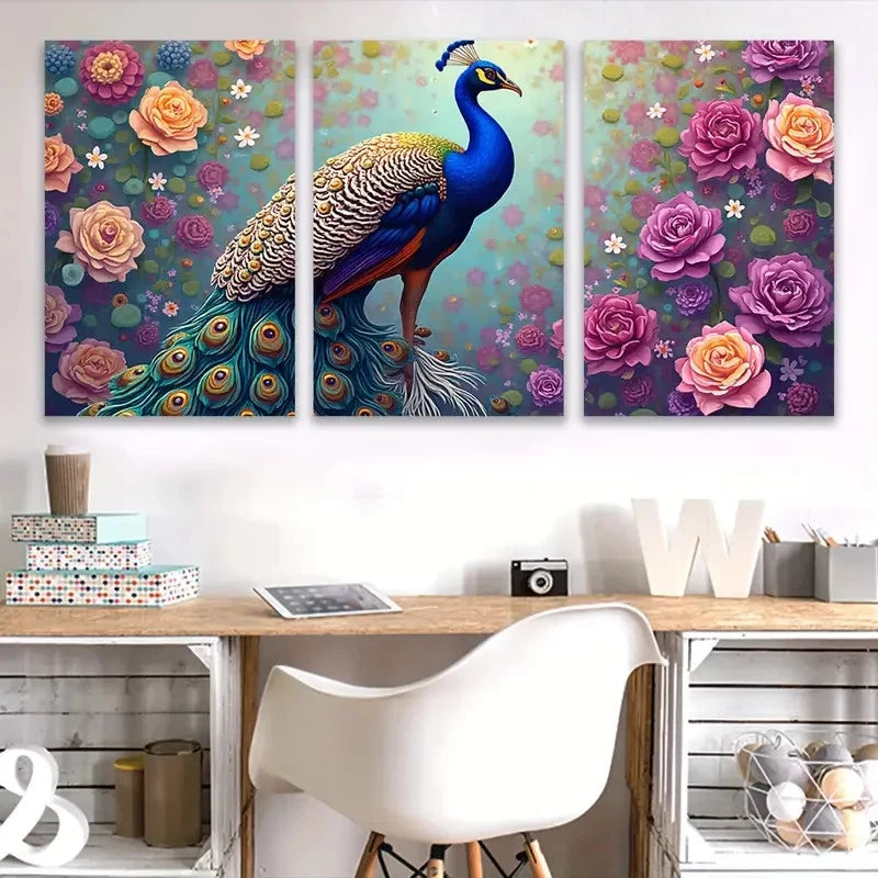 3pcs Vibrant Peacock & Floral Wall Art Set Canvas Framed 60x90cm - High Quality Print 100% Australian Made Wall Canvas Ready to Hang