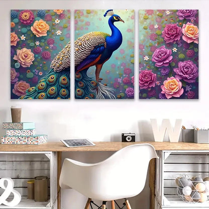 3pcs Vibrant Peacock & Floral Wall Art Set Canvas Framed 60x90cm - High Quality Print 100% Australian Made Wall Canvas Ready to Hang