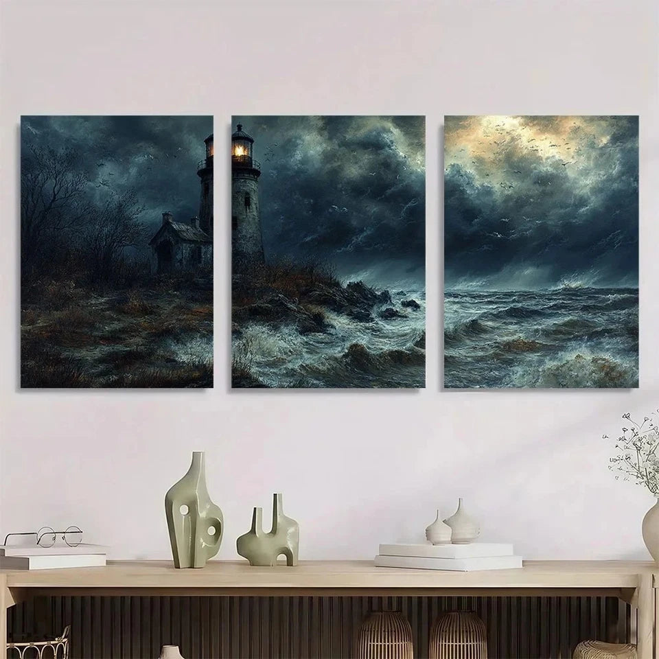 3pcs Halloween Stormy Lighthouse Metal Print Ready to Hang Art
