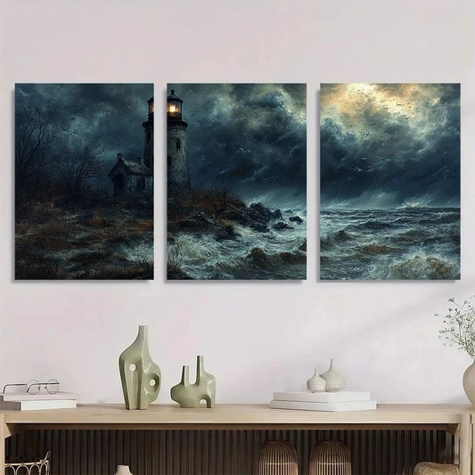 3pcs Halloween Stormy Lighthouse Metal Print Ready to Hang Art